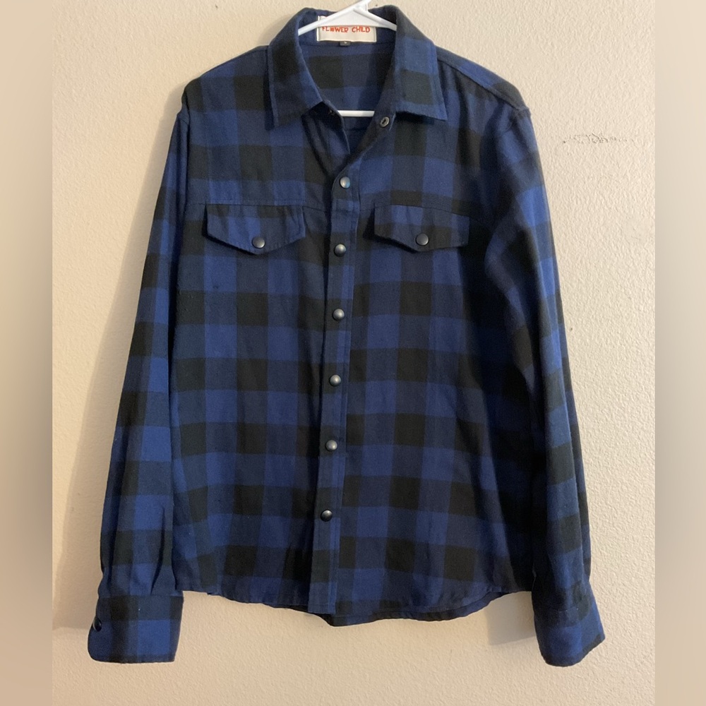 Dolly‎ Parton Blue & Black Flower Child Snap Button Flannel size Large